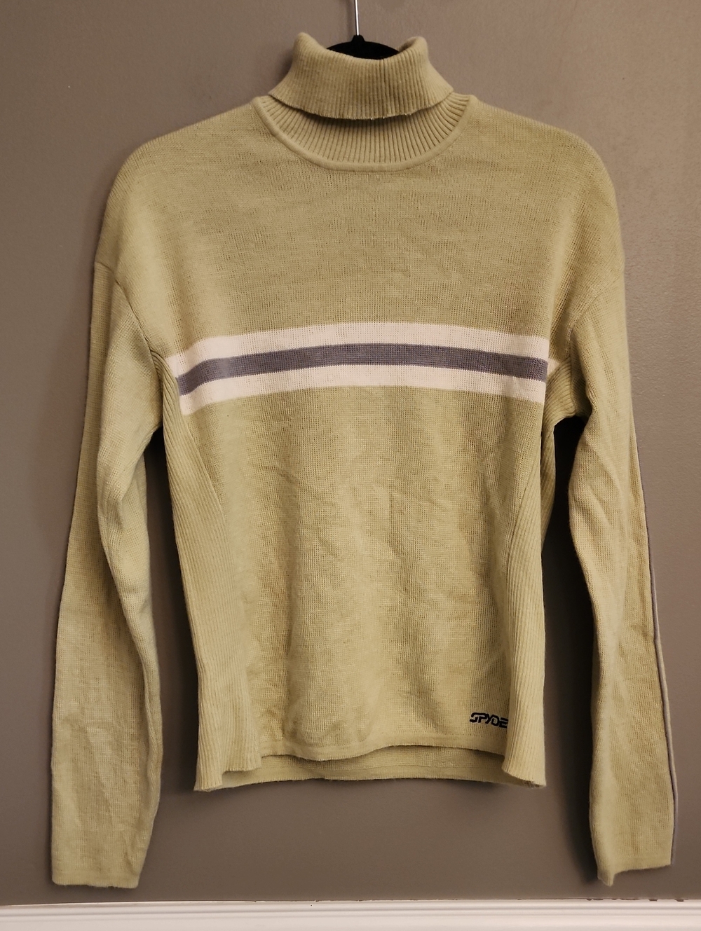 Vintage Spyder Sage Green Turtleneck Sweater with Cream and Gray Stripes